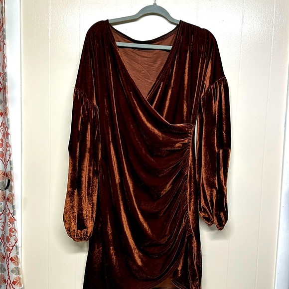 Elainone Off Shoulder Wrap V Neck Velvet Bodycon Dress Ruched Long Puff Sleeve - Picture 1 of 12